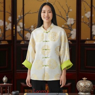 Áo khoác dài tay gấm rồng kem